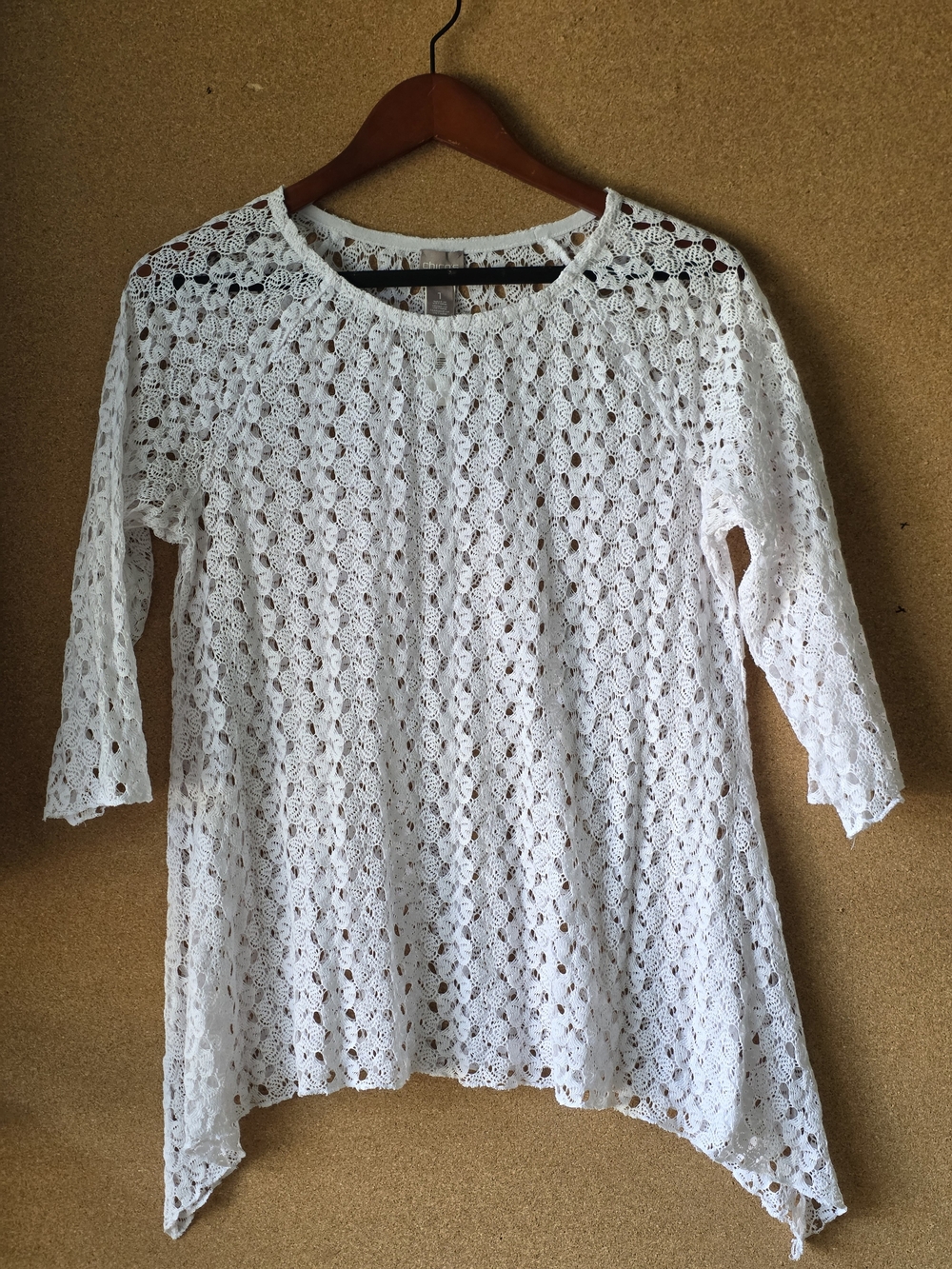 Chico’s White Crochet Lace Blouse Size 1 (US M) Boho Sheer Top 3/4 Sleeve